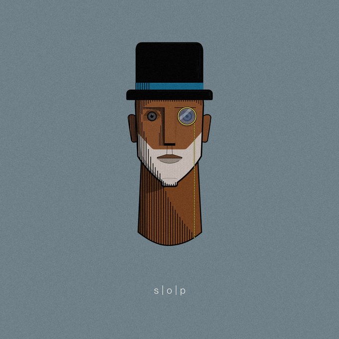 A minimalist graphic illustration of a stylized face with a monocle, a top hat, and a brown beard on a gray-blue background, with the text 's | o | p' at the bottom.