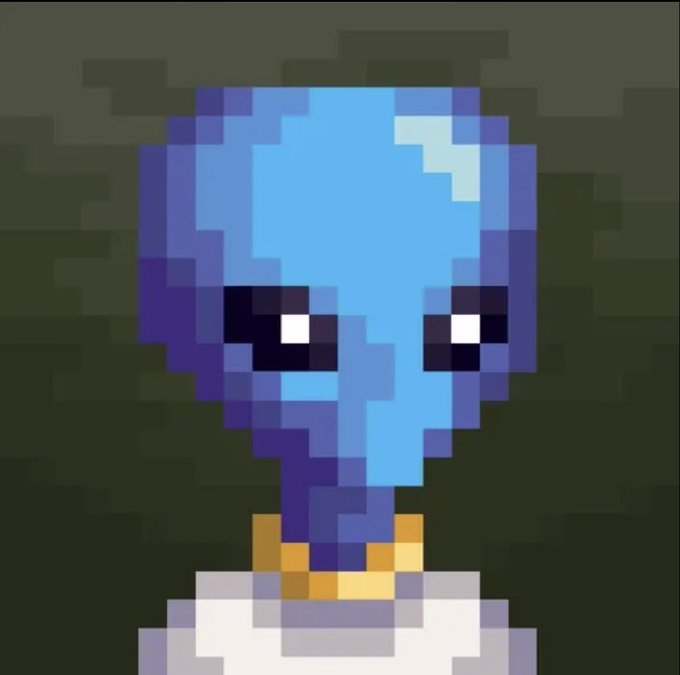 Pixel art illustration of a blue-skinned alien with large dark eyes, wearing a white garment and a golden ring around its thin neck, set against a dark green background.
