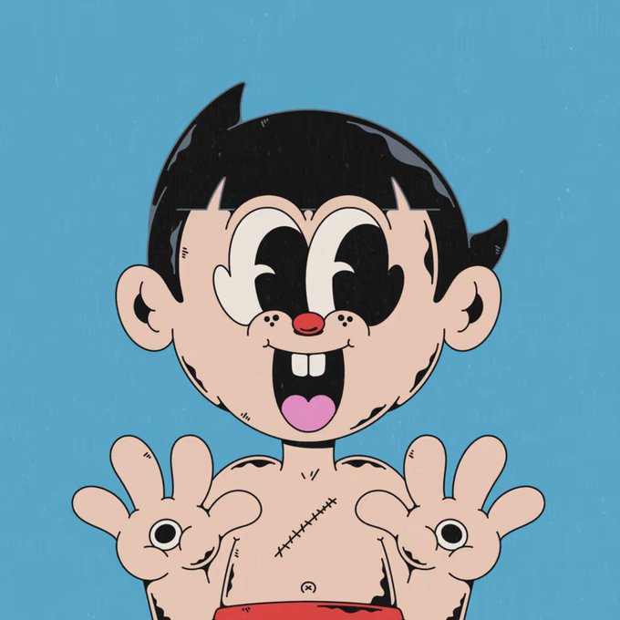 A cartoon illustration of a pale character with black hair, two prominent front teeth, and a stitched chest scar, holding up their hands which have eyes in the palms, against a light blue background.