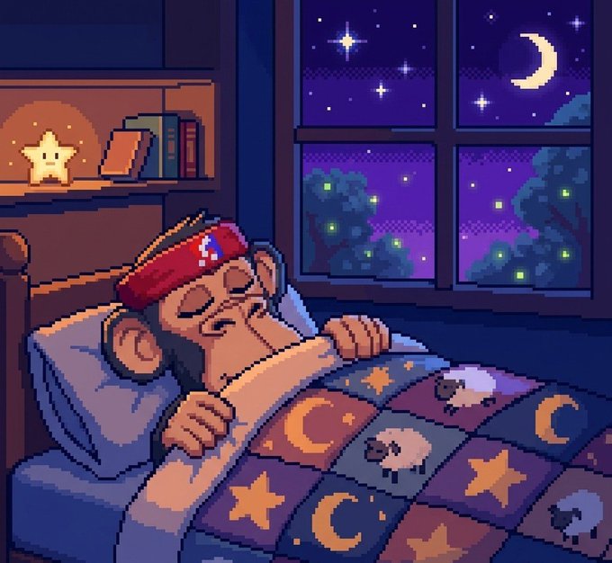 The image features a cartoon monkey sleeping peacefully in bed next to a window at night. The monkey has its eyes closed and appears to be in a deep sleep. The scene takes place in a bedroom setting, with a blue comforter on the bed and a star decoration above it. The background of the image is dark, which contrasts with the bright colors of the cartoon monkey's face and the stars.