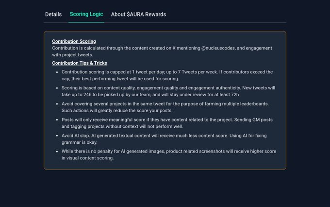 A 'Scoring Logic' page detailing contribution scoring rules for $AURA rewards, including a cap of 1 tweet per day and penalties for AI-generated content.