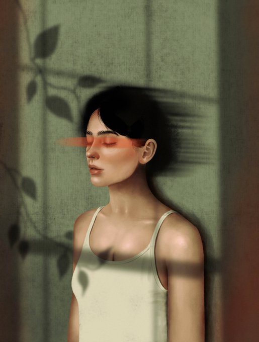 A digital painting of a woman with closed eyes wearing a white tank top, with an orange horizontal blur across her face and plant shadows cast on the green wall behind her.