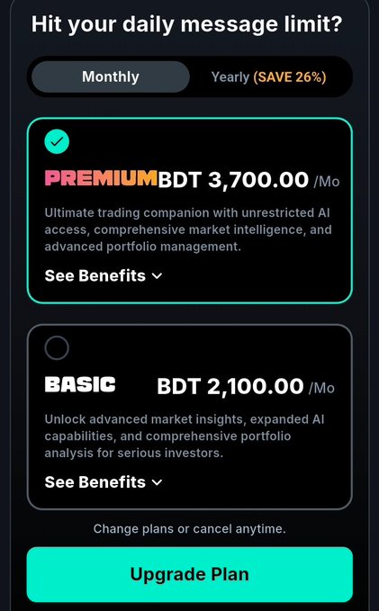 In the image, there are two messages displayed on a cell phone screen, one of which says "Hit your daily message limit?". This message suggests that the cell phone user may be receiving notifications or messages beyond their usual text limit. There is also a message about premium trading plans and features for BDT currency pairs with details such as Basic plan costs $2,100/mo and Premium plan costs $3,700/mo.

The post asks if it's worth paying for the premium plans based on user-defined criteria like usage frequency or financial objectives. This encourages users to evaluate whether these premium trading plans provide significant value or not, considering their individual needs and preferences. The image seems to focus on the relationship between daily message limits and premium trading plans for BDT currency pairs, potentially promoting a discussion about how much time users are willing to invest in using premium features, and what they expect to gain from such offerings.