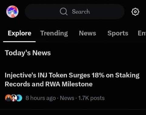 A mobile app interface showing a 'Today's News' feed with the headline 'Injective's INJ Token Surges 18% on Staking Records and RWA Milestone' posted 8 hours ago with 1.7K posts.