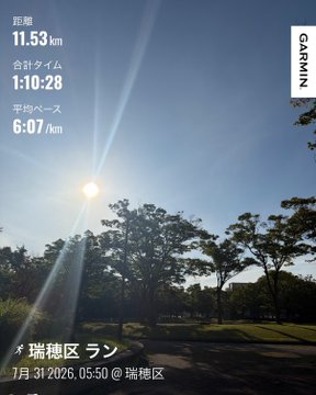 A Garmin running app screenshot of an 11.53 km morning run in Roppongi on July 31, 2026, at 05:50, with an average pace of 6:07/km.