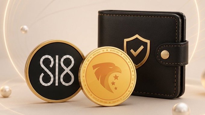 A black leather wallet featuring a gold shield-and-checkmark emblem sits behind two coins—one black and gold displaying "S|8" and another gold coin with an eagle design—symbolizing Sl8 Social's integrated Web3 wallet built into the app on the Stellar ($XLM) network.