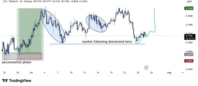 The image is a TradingView 4-hour chart of SUI/USDT on Binance showing an accumulation phase, downtrend patterns, and a recent price bounce at the 0.7156 support zone with a projected bullish breakout toward 0.7767. It visually supports the post's claim of $SUI holding key support and signaling a potential bullish recovery.