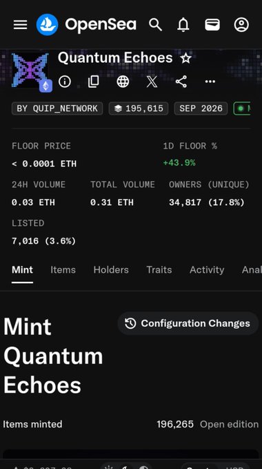 A mobile screenshot of the OpenSea NFT marketplace showing the 'Quantum Echoes' collection by QUIP_NETWORK with a floor price of <0.0001 ETH and 24H volume of 0.03 ETH.