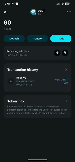 A mobile app screen displays a Toncoin (USDT) wallet balance of $60 with options to Deposit, Transfer, or Trade, along with a transaction history showing a recent receive of +60 USDT.