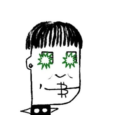 A black-and-white line drawing of a figure with bowl-cut hair, dollar signs for eyes, and a cigarette in its mouth.