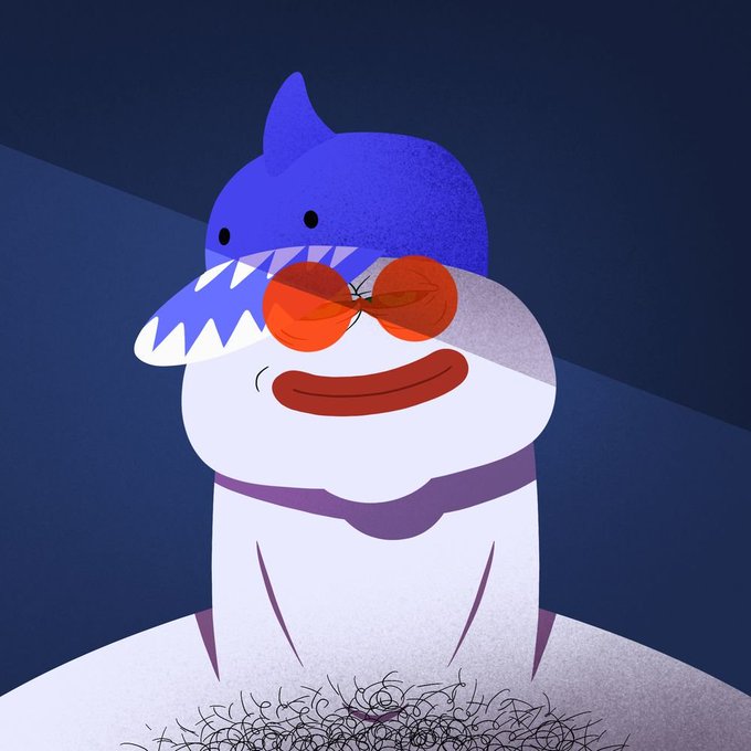 An illustration of a round, white cartoon character wearing a shark hat and large orange sunglasses, with a wide smile and simple linework details, set against a dark blue background with abstract scribbles at the bottom.