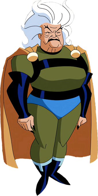 An illustration of a stern-looking animated character with wild white hair, wearing a green and blue superhero-style costume with a tan cape and large shoulder pads.