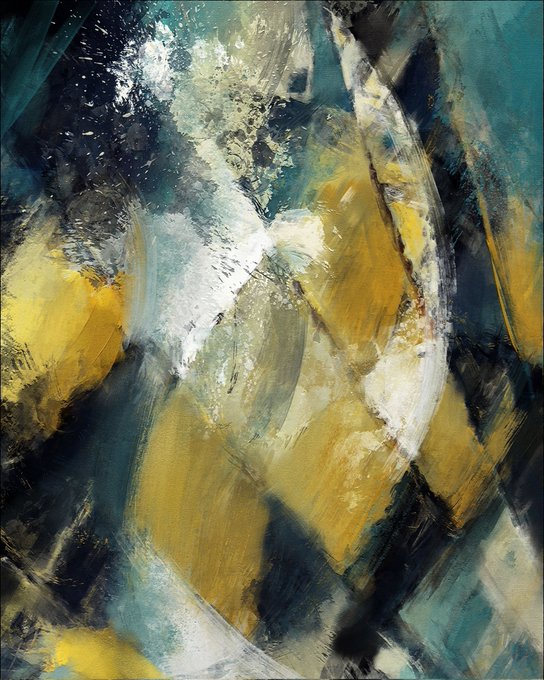 An abstract expressionist painting featuring bold, textured brushstrokes in vibrant yellows, deep blues, blacks, and whites, creating a dynamic composition.