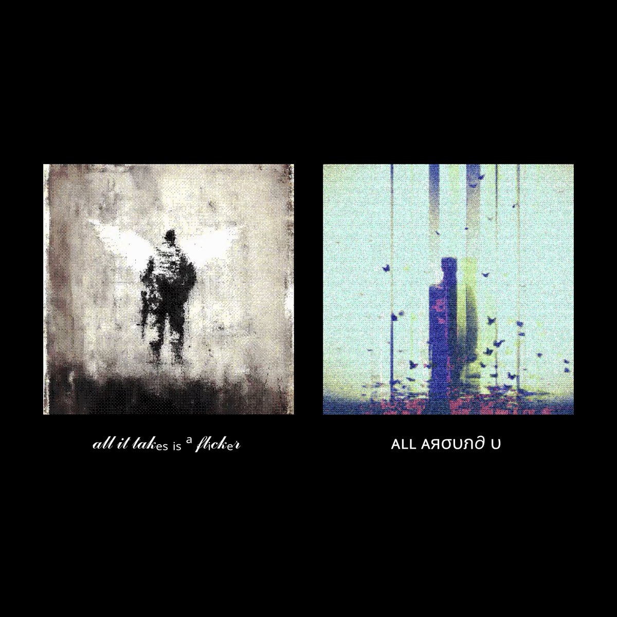 Two artwork pieces from the "UNXPCTD" collection by @m0dest___ displayed side by side against a black background, with "all it takes is a flicker" on the left and "ALL AROUND U" on the right, as recently added to an art vault.