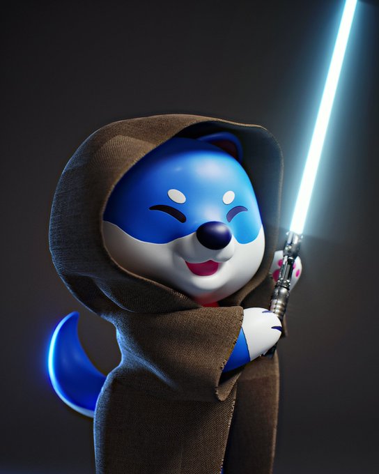 A cute blue and white mascot character wearing a brown Jedi-style hooded robe holds a glowing blue lightsaber against a dark background, smiling with closed eyes.