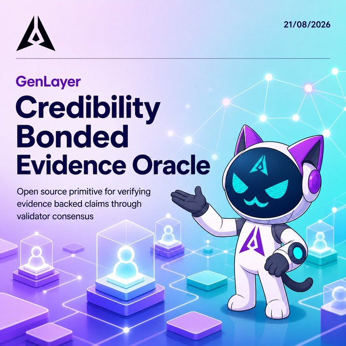 A promotional graphic for 'GenLayer Credibility Bonded Evidence Oracle,' featuring the tagline 'Open source primitive for verifying evidence backed claims through validator consensus,' with a cat mascot in a spacesuit and the date '21/08/2026'.
