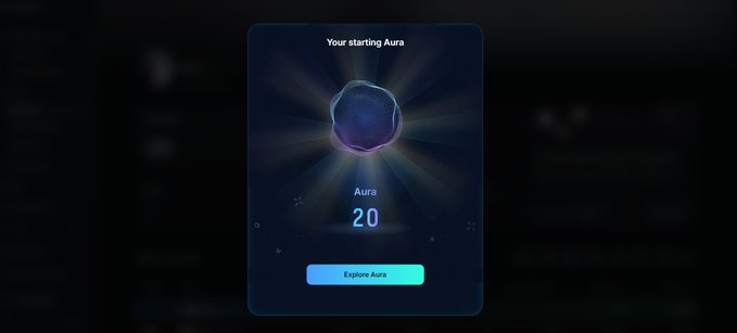A modal window displays "Your starting Aura" with a glowing orb, showing an "Aura" value of "20" and an "Explore Aura" button. This relates to the Kaito Pulse Aura product, illustrating the starting Aura points users receive when connecting their X account and the Kaito extension to farm engagement-based rewards.