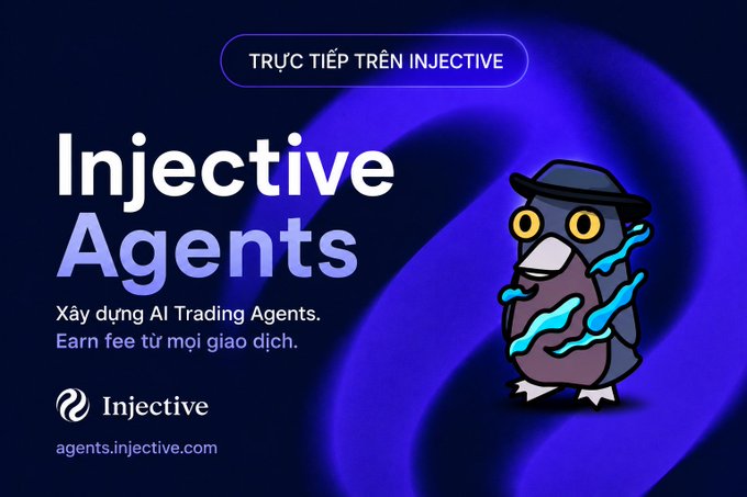 The image features a cartoon owl with a hat, standing against a blue background that has a swirl pattern. The owl appears to be holding a small object or a keychain. Below the owl's head, there are some text elements written in English, including "AI Agents", "AI Agent có danh tín riêng và thậm chí còn tự kiếm tiền từ chính những giao dịch nó thực hiện. Chương lai của AI". The owl is positioned in the center of the image, and its hat is located on top right corner.