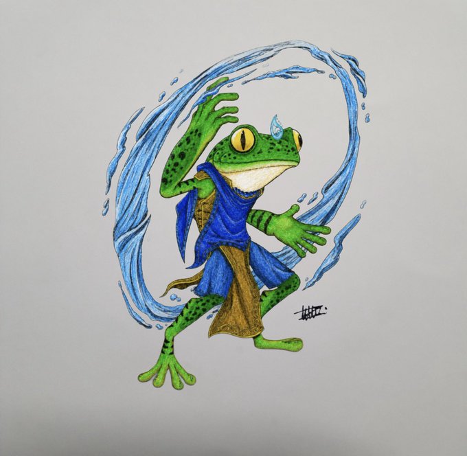 A colorful marker drawing of a green frog wearing a blue and brown robe, surrounded by a swirling water element in a dynamic pose. The artwork appears to be an original illustration, likely shared alongside a cryptocurrency giveaway post soliciting $SOL wallet addresses.