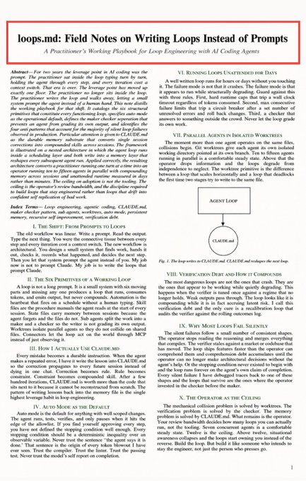 A document titled "loops.md: Field Notes on Writing Loops Instead of Prompts" by a practitioner working with Claude and Claude.md, detailing a system for AI-powered financial research workflows including workflow definitions, parallel agent strategies, and verification methods for trading signals.