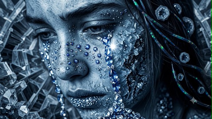A digital fantasy artwork depicting a woman's face and shoulder adorned with crystalline blue gems and icy textures.