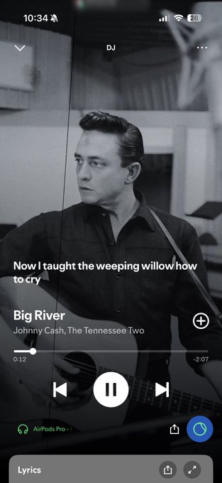 A mobile music player displays Johnny Cash's "Big River" from The Tennessee Two, with the current lyric "Now I taught the weeping willow how to cry" overlaid on a black-and-white photo of Cash playing guitar. The caption "ready to smoke some neegys on chain" humorously suggests the user is getting into a relaxed, carefree mood by vibing to the classic country tune, likely referencing Johnny Cash's well-known rebellious and outlaw persona.