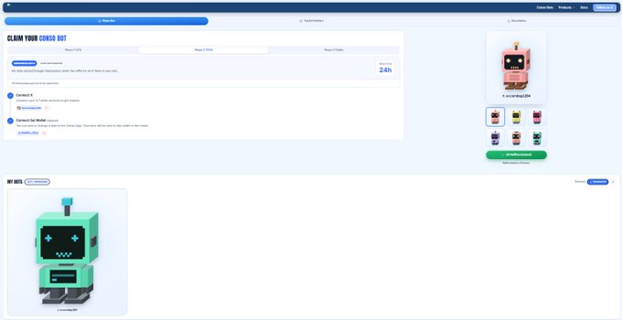 A screenshot shows a crypto mint dashboard and NFT collection, with prominent text “CLAIM YOUR CONSO BOT,” a 24h progress bar, and a green robot NFT card. The post describes owning one of CONSO’s free 5,555 BOT mints and notes that the image contains two separate things on the screen.