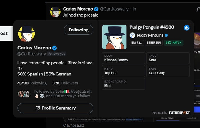 Twitter/X profile overlay for Carlos Moreno (@Carlitoswa_y) with the bio 'I love connecting people | Bitcoin since '17', displayed alongside a Pudgy Penguin #4988 NFT showing traits like Kimono Brown body and Top Hat head.
