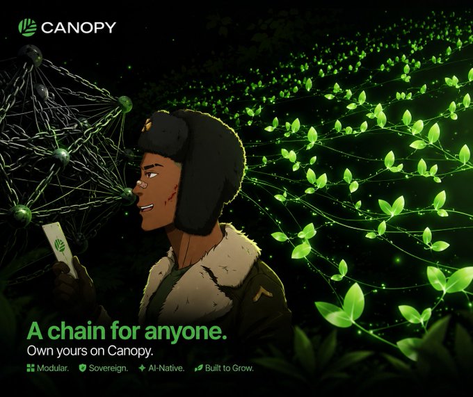 The image is a promotional graphic for "Canopy" featuring an illustrated character in a fur-lined hat smiling while holding a card with the Canopy logo, set against a dark background with a network diagram on one side transforming into glowing green leaves on the other. The text reads "CANOPY" at the top and "A chain for anyone. Own yours on Canopy." at the bottom, with feature tags listing "Modular, Sovereign, AI-Native, Built to Grow." The imagery visually reinforces the post's message about reclaiming ownership and sovereignty—showing a lone individual holding their own "chain" amid a network branching out like growing foliage, symbolizing Canopy's promise of individual control versus shared blockspace.