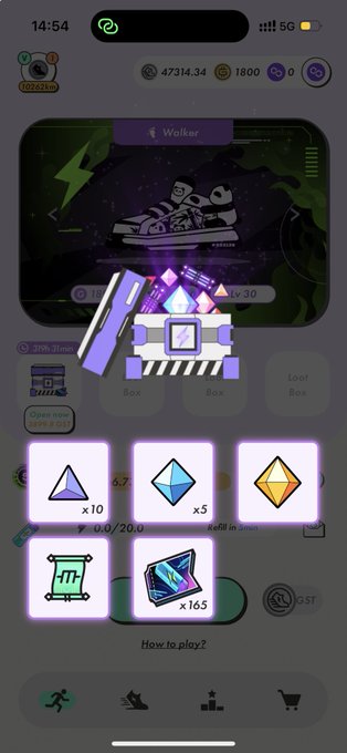 A mobile game screen shows a 'Walker' sneaker display with '5G' visible at the top, featuring loot box rewards including gems and item fragments.