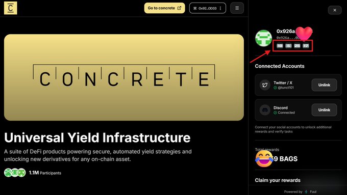 A screenshot of the Concrete DeFi platform webpage with an arrow pointing to a wallet address showing three connected social media icons (Twitter, Discord, Telegram).