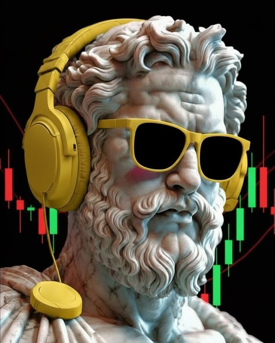 A classical marble statue of a bearded figure wearing yellow headphones and yellow sunglasses, set against a background of red and green stock market candlestick charts.