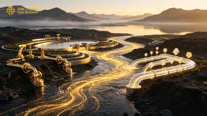Glowing golden streams of light flow from industrial pipelines through a misty landscape into a central reservoir, visually representing the continuous value creation described in the caption. The "ARK | OSU Code the Future" logo in the top-left corner ties the imagery to the ecosystem's ongoing growth through AI agents and workflows.