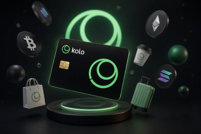 The image features a black credit card with green text, which reads "gKolo" along with other cryptocurrency symbols such as Bitcoin and Ether. The credit card has a green circle around its center, and there are various objects surrounding it, including a suitcase, a coffee cup, and some coins in the background. The post also mentions that the KOLO coin is available for purchase on the CoinKol app.