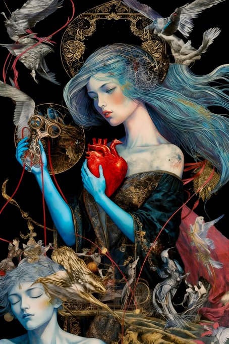 A pale, ethereal figure with flowing blue hair cradles a vivid red anatomical heart while surrounded by flying white doves and ornate gold details, evoking the emotional theme of a heart being held and cherished. The artwork visually mirrors the post's message about a heart living in someone's hands, with another serene face visible in the lower portion.