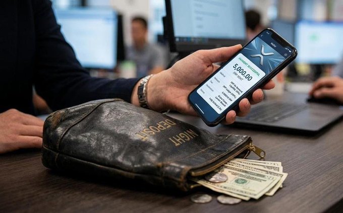 A person holds a smartphone displaying an account balance of '5,000.00' next to a worn leather wallet on a desk, with dollar bills and coins visible, in what looks like an office setting.