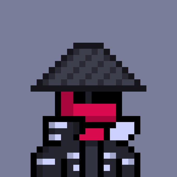 A pixel-art illustration of a dark, cloaked figure with a wide conical hat and a red scarf or mask across its face, set against a plain gray background.