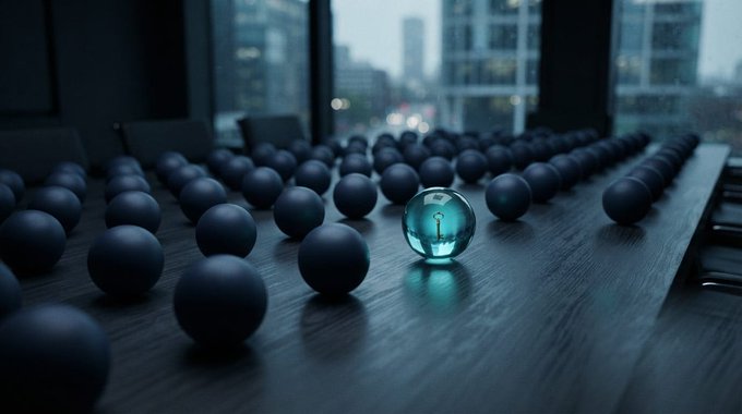 An arrangement of dark spheres on a wooden conference table with a single glowing teal glass orb among them, set in a modern office with city views.