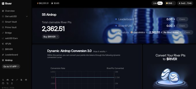 Screenshot of the River platform's S5 Airdrop page showing 2,362.51 total claimable River Pts, with navigation menu including Overview, satUSD, Smart Vault, Prime Vault, Bridge, satUSD Earn, 4FUN, $RIVER, Leaderboard, and Airdrop sections.