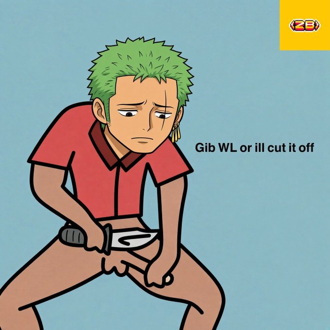 An anime-style illustration of a green-haired character (resembling Roronoa Zoro) holding a knife to himself with text reading 'Gib WL or ill cut it off' and a 'ZB' logo in the corner.