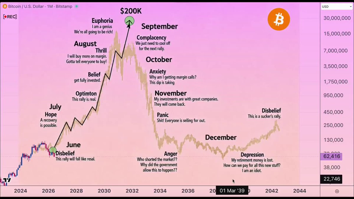 The image shows a graph with months of the year on the x-axis, starting from January at the bottom and ending at December at the top, with the months labeled as black text around the edge. The y-axis displays various numbers representing price points in dollars, ranging from 0 to 2 millions. A pink line is shown going up against a purple line, which indicates that Bitcoin has been going up over time. The post predicting a bull run by May includes information about how much it would cost at $200K and what the price is now.