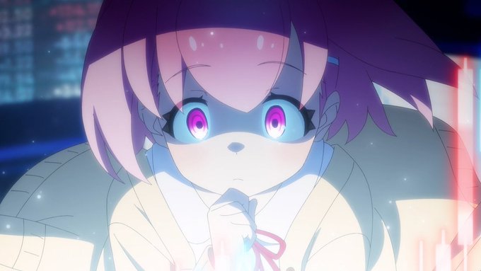 A close-up anime shot of a character with purple hair and glowing purple eyes in a dimly lit, neon-tinged setting.
