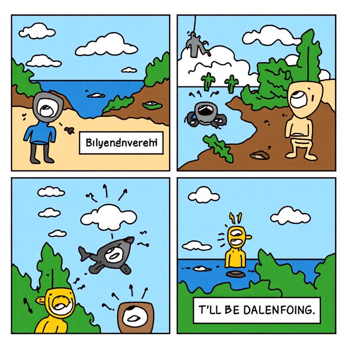 A four-panel cartoon featuring simple stick-figure-like characters in various outdoor scenes with nonsensical labels like "Bilyendnverchi" and "T'll be dalenfoing."