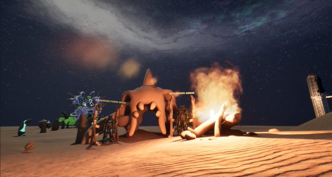A low-resolution screenshot from a video game or virtual world showing avatars gathered around a large orange creature and a campfire at night under a starry sky with a large swirling galaxy overhead.