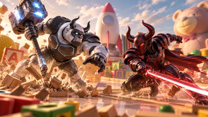 A 3D-rendered battle scene showing an armored knight with a hammer facing off against a demonic horned warrior with a red lightsaber-like blade, amidst scattered children's toys and alphabet blocks.