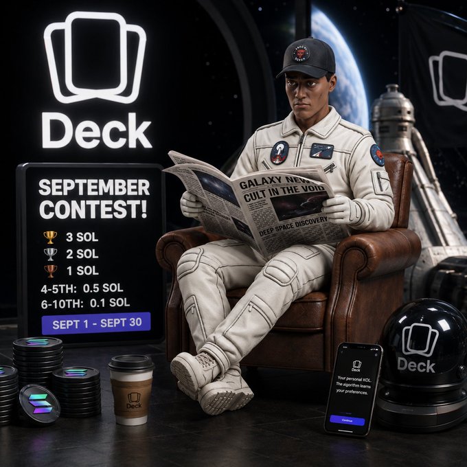 A promotional image for Deck's September Contest showing an astronaut reading the 'Galaxy News' newspaper, with prizes of 3, 2, and 1 SOL running from Sept 1 - Sept 30.