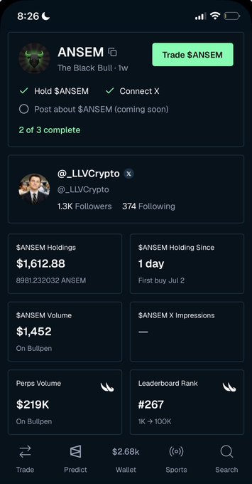 A screenshot of a Bullpen profile for ANSEM held by @_LLVCrypto shows the account has held $ANSEM for 1 day with holdings valued at $1,612.88 and a recent trade volume of $1,452, illustrating the "Who wants some $ANSEM" post by sharing their recent trading activity.