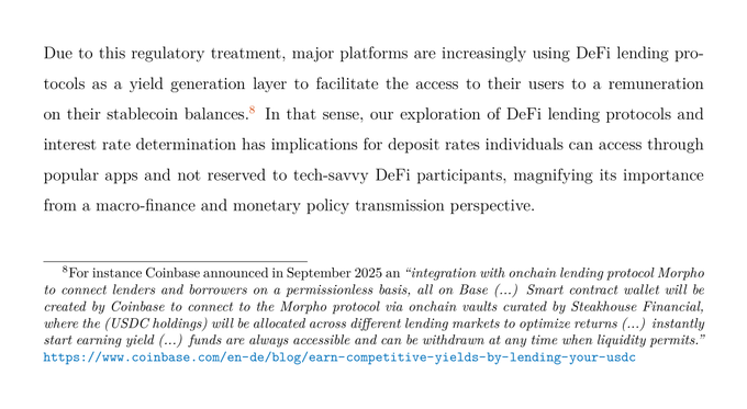 An excerpt from an ECB working paper discusses DeFi lending protocols and their implications for deposit rates and monetary-policy transmission. A footnote cites Coinbase’s September 2025 announcement of a Base integration with Morpho, lending USDC on-chain and earning competitive yields—relevant to the accompanying post noting that Base was featured in the paper.