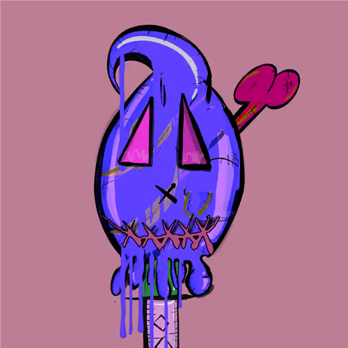 A digital drawing of a blue, melting jack-o'-lantern with pink glowing eyes, a jagged mouth, and a heart-tipped arrow stuck in its side, dripping downward against a mauve background.