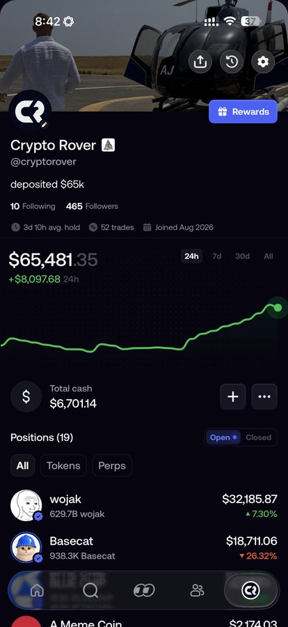 A crypto portfolio app screenshot showing 'Crypto Rover @cryptorover' account with deposited $65k, total value of $65,481.35, and positions including 'wojak' ($32,185.87) and 'Basecat' ($18,711.06).